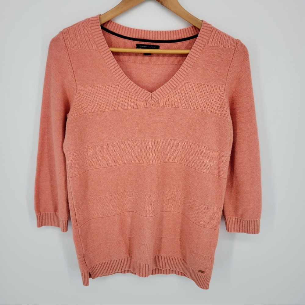 Tommy Hilfiger Womens Coral Pink Textured Stripe V-Neck 3/4 Sleeve Sweater S